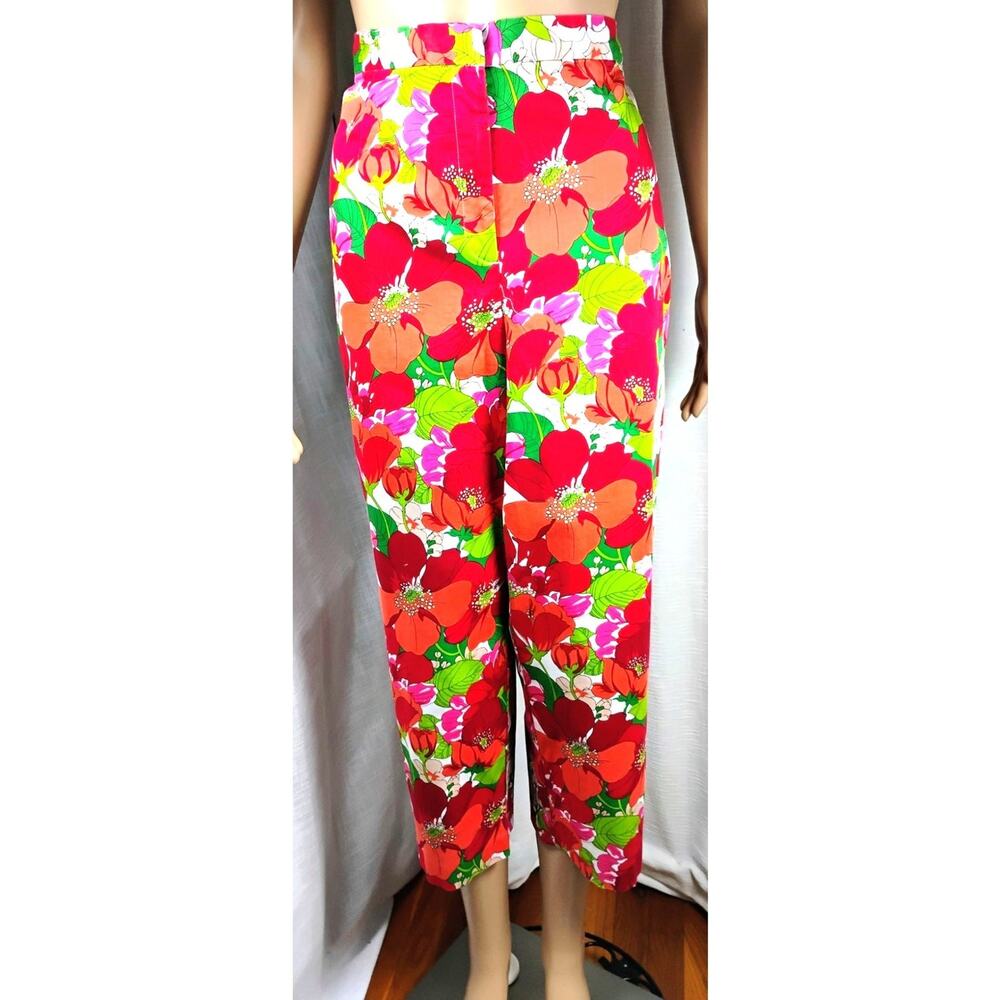 Kathy Ireland 18 Cotton Stretch Cropped Pants Bold Red Floral Maximalist